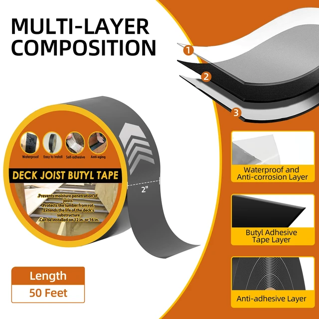 Alt view image 2 of 7 - Butyl Joist Tape for Decking 2''×50', 4 Rolls Waterproof Deck Tape Joist Tape, Waterproof and Anti-Corrosion Joists Deck Tape, Self Adhesive Flashing Joists Tape for Wood Decks Beams Roof