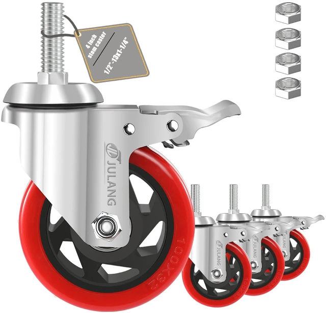 Main image of 4 inch Caster Wheels 1/2 Threaded Stem Casters Set of 4 Heavy Duty 1000 Lbs, 1/2"-13x1.25", Smooth & Quiet-Rolling, Castor Wheels for Wire Shelving, Cart, Tool Box, Workbenche, Furniture