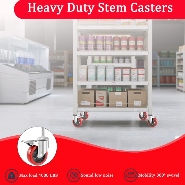 Alt view image 6 of 7 - 4 inch Caster Wheels 1/2 Threaded Stem Casters Set of 4 Heavy Duty 1000 Lbs, 1/2"-13x1.25", Smooth & Quiet-Rolling, Castor Wheels for Wire Shelving, Cart, Tool Box, Workbenche, Furniture