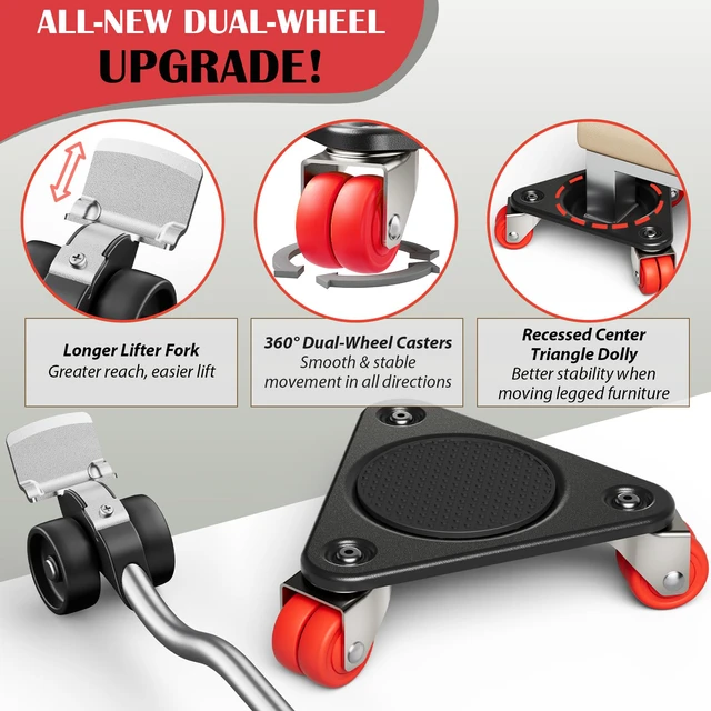 Alt view image 2 of 6 - Heavy Duty Furniture Movers with Wheels & Lifter (6 Dual Wheels) All-New Upgraded Carbon Steel Panels & Dual-Wheeled Casters Dolly Kit Heavy Duty Furniture Movers, Supports up to 1320 lbs