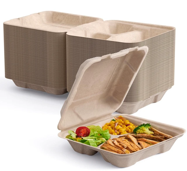 Main image of 50 Pack Compostable Take Out Food Containers, 8 inch,3 Compartment Heavy-Duty Disposable To Go Boxes, Eco-Friendly Biodegradable To Go Containers For Food, Perfect for Next Day Lunch, Party