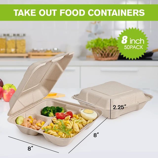 Alt view image 2 of 6 - 50 Pack Compostable Take Out Food Containers, 8 inch,3 Compartment Heavy-Duty Disposable To Go Boxes, Eco-Friendly Biodegradable To Go Containers For Food, Perfect for Next Day Lunch, Party