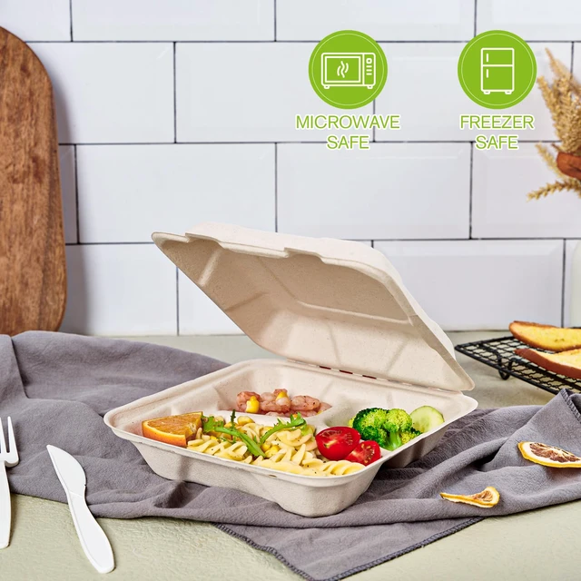 Alt view image 3 of 6 - 50 Pack Compostable Take Out Food Containers, 8 inch,3 Compartment Heavy-Duty Disposable To Go Boxes, Eco-Friendly Biodegradable To Go Containers For Food, Perfect for Next Day Lunch, Party
