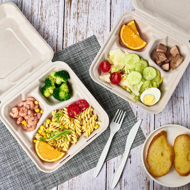 Alt view image 5 of 6 - 50 Pack Compostable Take Out Food Containers, 8 inch,3 Compartment Heavy-Duty Disposable To Go Boxes, Eco-Friendly Biodegradable To Go Containers For Food, Perfect for Next Day Lunch, Party