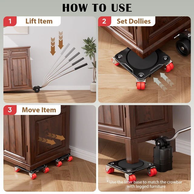 Alt view image 5 of 6 - Heavy Duty Furniture Movers with Wheels & Lifter (8 Dual Wheels) All-New Upgraded Carbon Steel Panels & Dual-Wheeled Casters Dolly Kit Heavy Duty Furniture Movers, Supports up to 1650 lbs