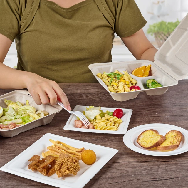 Alt view image 6 of 6 - 50 Pack Compostable Take Out Food Containers, 8 inch,3 Compartment Heavy-Duty Disposable To Go Boxes, Eco-Friendly Biodegradable To Go Containers For Food, Perfect for Next Day Lunch, Party