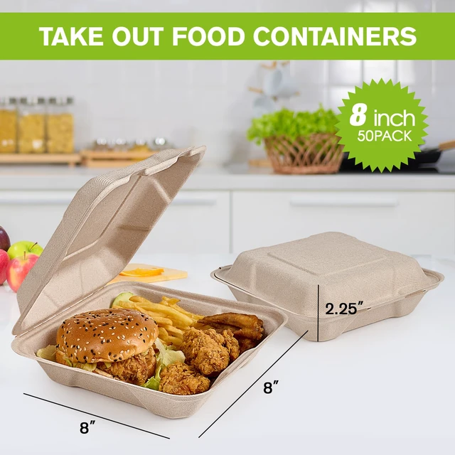 Alt view image 2 of 7 - 50 Pack Compostable Clamshell Take Out Food Containers, 8 inch Heavy-Duty Disposable To Go Boxes, Eco-Friendly Biodegradable To Go Containers For Food, Perfect for Next Day Lunch, Party