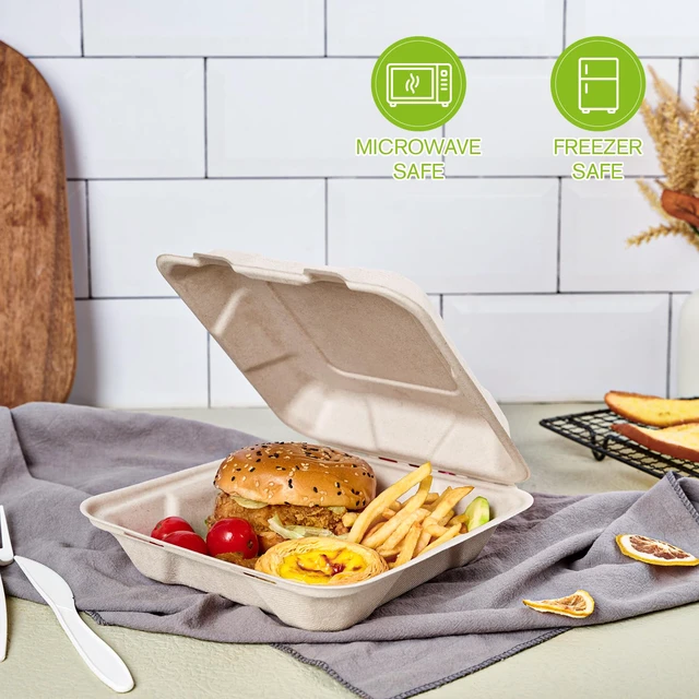 Alt view image 3 of 7 - 50 Pack Compostable Clamshell Take Out Food Containers, 8 inch Heavy-Duty Disposable To Go Boxes, Eco-Friendly Biodegradable To Go Containers For Food, Perfect for Next Day Lunch, Party