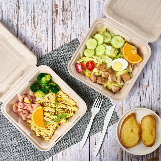 Alt view image 5 of 7 - 50 Pack Compostable Clamshell Take Out Food Containers, 8 inch Heavy-Duty Disposable To Go Boxes, Eco-Friendly Biodegradable To Go Containers For Food, Perfect for Next Day Lunch, Party