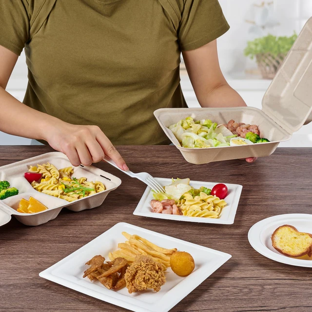 Alt view image 6 of 7 - 50 Pack Compostable Clamshell Take Out Food Containers, 8 inch Heavy-Duty Disposable To Go Boxes, Eco-Friendly Biodegradable To Go Containers For Food, Perfect for Next Day Lunch, Party