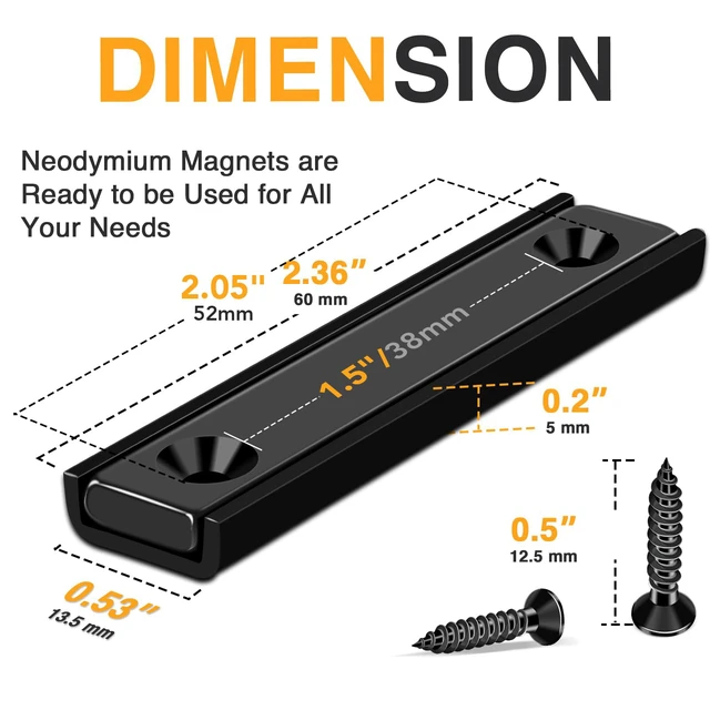 Alt view image 2 of 7 - Bar Magnets, 80Lbs 15 Pack Countersunk Hole Magnet with Screw Black,Heavy Duty Rare Earth,Neodymium,Rectangular,for Mounting, Door, Garage, Workplace(60 x 13.5 x 5mm)