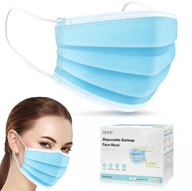 Main image of Disposable Face Mask Adult Blue Breathable Mask with Nose Clip 100 Pack 3-Ply Non-Woven Covid Dust Ear Loop Adjustable Bridge Breathing Bulk Men Women Filter Protection
