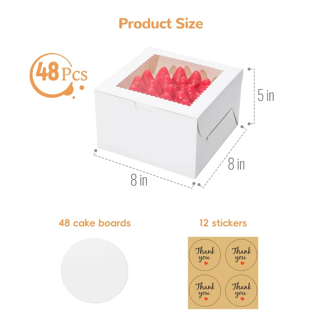Alt view image 3 of 7 - 48Pack 8 inch Small Cake Boxes with Cake Board and Stickers Mini White Bento Cake Box for Small Cakes, Cookies, Birthday, Party, Wedding, Mother's Day, Christmas8x8x5 inch