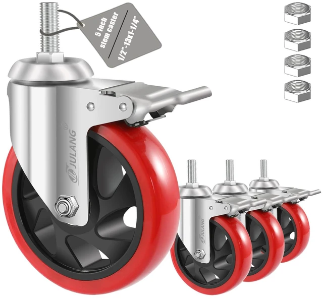 Main image of 5 inch stem Caster Wheels, 1/2" Threaded Casters Set of 4 Heavy Duty (Thread 1/2"-13x1.25"), Smooth & Quiet-Rolling, for Cart, Tool Box, Workbenche, Furniture, Wire Shelving