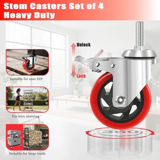 Alt view image 4 of 7 - 4 inch Caster Wheels 1/2 Threaded Stem Casters Set of 4 Heavy Duty 1000 Lbs, 1/2"-13x1.25", Smooth & Quiet-Rolling, Castor Wheels for Wire Shelving, Cart, Tool Box, Workbenche, Furniture