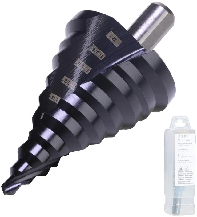 Main image of 1/4"-2" M2 Step Drill Bit Unibit for Hole Drilling 10 Sizes M2 High Speed Steel; Double Spiral Flutes; Fast, Clean Cuts in Stainless Steel, Copper, Aluminum, Wood, Plastic
