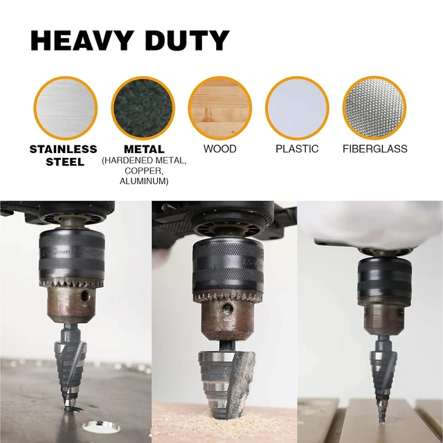 Alt view image 5 of 7 - 1/4"-2" M2 Step Drill Bit Unibit for Hole Drilling 10 Sizes M2 High Speed Steel; Double Spiral Flutes; Fast, Clean Cuts in Stainless Steel, Copper, Aluminum, Wood, Plastic