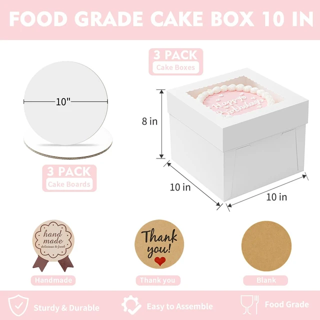 Alt view image 2 of 7 - 10 Pack Cake Boxes, 10x10x8 Inches Tall Cake Boxes with Cake Boards Disposable White Cake Transport Containers with Clear Lids, Thick Cardboard, Easy to Assemble, for Cake Cookies Pies Cookies