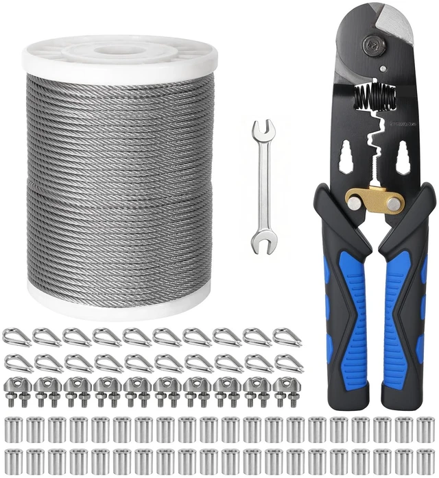 Main image of 1/8 Inch Stainless Steel Cable 200FT,- 7x7 Strand Aircraft Wire Rope,with Loop Sleeve and Steel Thimble,Wire Clamp Clip,Outdoor Hanging kit, Garden Fence, Marine, DIY Projects