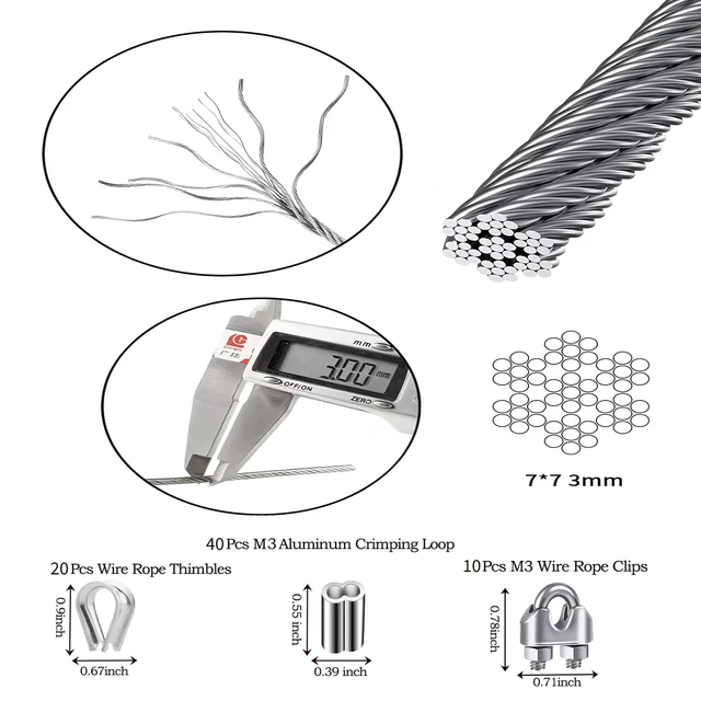 Alt view image 3 of 7 - 1/8 Inch Stainless Steel Cable 200FT,- 7x7 Strand Aircraft Wire Rope,with Loop Sleeve and Steel Thimble,Wire Clamp Clip,Outdoor Hanging kit, Garden Fence, Marine, DIY Projects