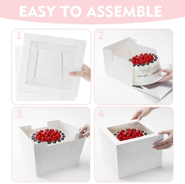 Alt view image 6 of 7 - 10 Pack Cake Boxes, 10x10x8 Inches Tall Cake Boxes with Cake Boards Disposable White Cake Transport Containers with Clear Lids, Thick Cardboard, Easy to Assemble, for Cake Cookies Pies Cookies