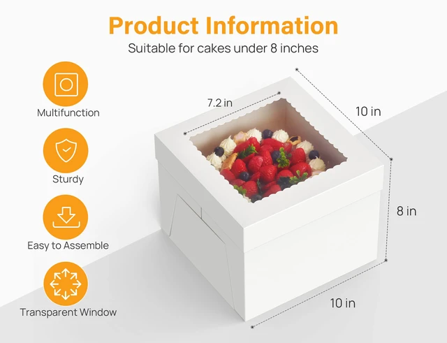 Alt view image 2 of 7 - 15 Pack Cake Boxes 10 inch, 10x10x8 Tall Cake Box with Clear Window 10 Inch Cake Box with Stickers, Thick Cardboard, Large Transport Container, White Cake Holder, for Birthday Wedding Party