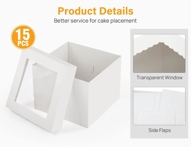 Alt view image 3 of 7 - 15 Pack Cake Boxes 10 inch, 10x10x8 Tall Cake Box with Clear Window 10 Inch Cake Box with Stickers, Thick Cardboard, Large Transport Container, White Cake Holder, for Birthday Wedding Party