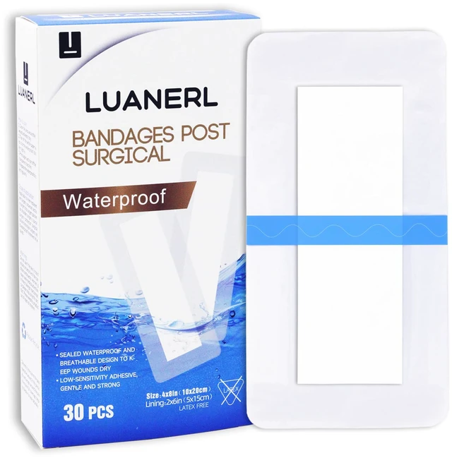 Main image of 30 Pack 4"x 8" Waterproof Adhesive Island Dressing for Post-Surgery Recovery | Sterile Bordered Gauze Bandages with Non-Stick Pad for Knee/Hip Replacement, Surgical Incision Care & Shower Protection