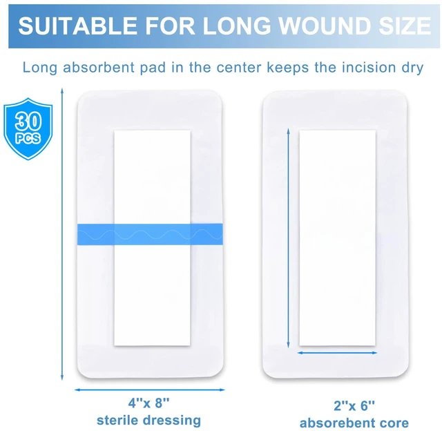 Alt view image 5 of 7 - 30 Pack 4"x 8" Waterproof Adhesive Island Dressing for Post-Surgery Recovery | Sterile Bordered Gauze Bandages with Non-Stick Pad for Knee/Hip Replacement, Surgical Incision Care & Shower Protection