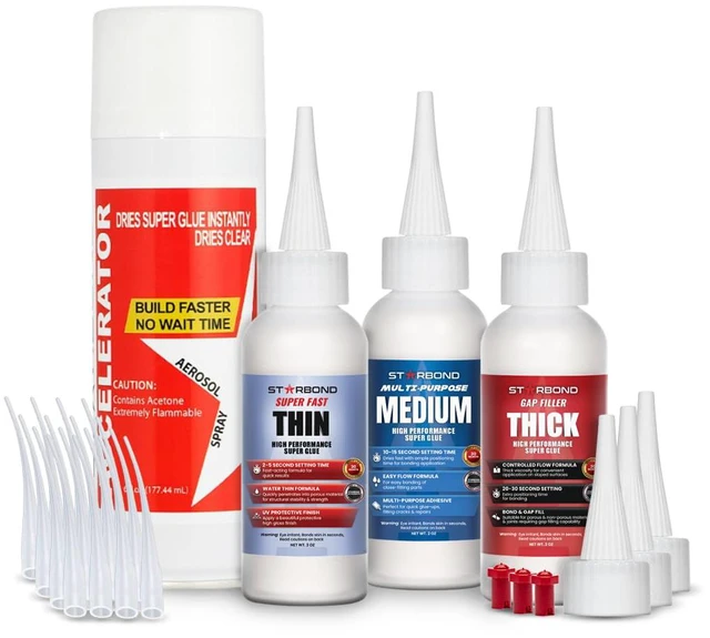 Main image of CA Glue with Activator Kit Thin, Medium & Thick 2 oz Bottles with 6 oz Accelerator Premium Cyanoacrylate Super Glue Bundle for Woodworking, Woodturning, Hobby Models Crafts & 3D Printing
