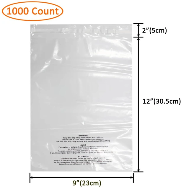 Alt view image 2 of 7 - 1000 Count 9x12 Inch Self Seal Clear Poly Bags with Suffocation Warning for Packaging Clothing, T Shirts, Decorative Wrappers and More with Permanent Adhesive(1.5mil)