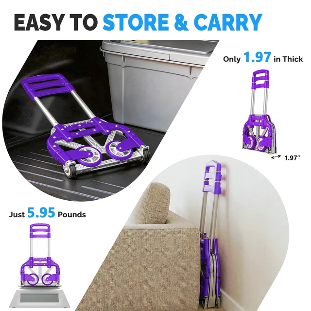 Alt view image 3 of 7 - Folding Hand Truck Aluminum Portable Folding Hand Cart 155lbs Capacity Handy Dolly Cart Ideal for Home, Auto, Office,Travel Use,Purple