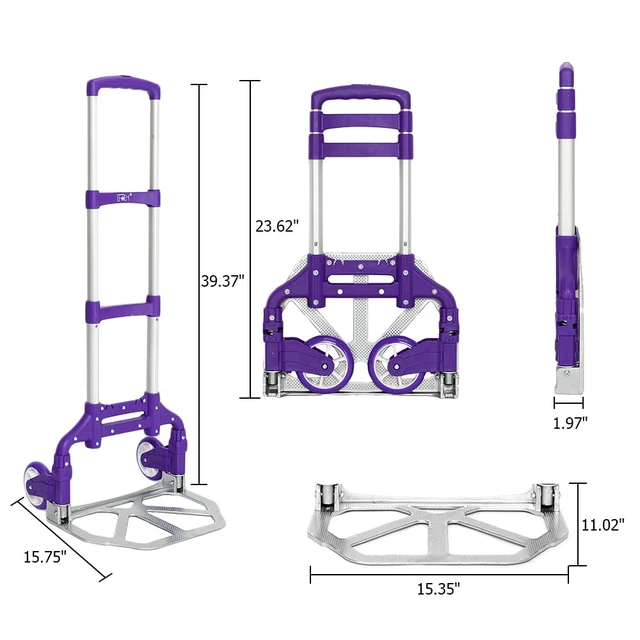 Alt view image 5 of 7 - Folding Hand Truck Aluminum Portable Folding Hand Cart 155lbs Capacity Handy Dolly Cart Ideal for Home, Auto, Office,Travel Use,Purple