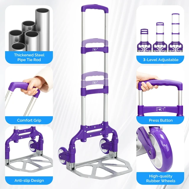 Alt view image 7 of 7 - Folding Hand Truck Aluminum Portable Folding Hand Cart 155lbs Capacity Handy Dolly Cart Ideal for Home, Auto, Office,Travel Use,Purple