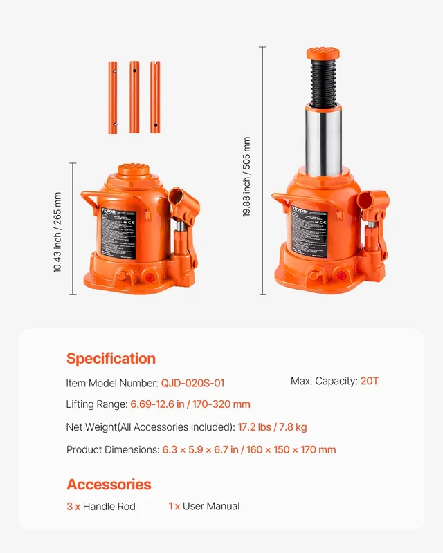 Alt view image 7 of 7 - Hydraulic Bottle Jack, 20 Ton/44092 lbs Low Profile Welded Bottle Jack with 6.69''-12.6'' Lifting Range & 3-Section Long Handle, for Car, Pickup, Truck, RV, Auto Repair, Industrial Engineering