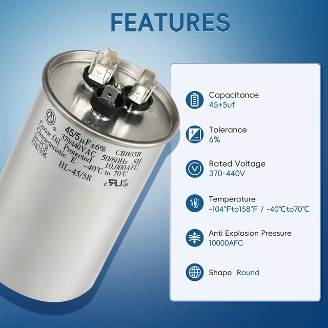 Alt view image 3 of 7 - AC Capacitor 45+5 uF 45/5 MFD ±6% 370V/440VAC CBB65 Dual Run Circular Start Capacitor for Heat Pump Air ConditionerTen Years of Coverage