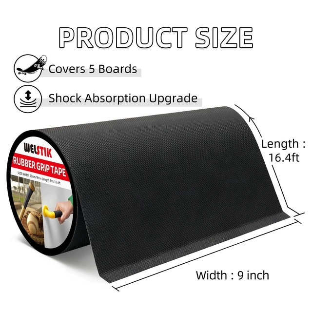 Alt view image 2 of 7 - 9" x 16.4FT Rubber Skateboard Grip Tape - Extra Wide Anti-Slip Traction Sheet, Non-Abrasive Shoe Friendly Grip Tape for Skateboard Decks, Scooters, Tool Handles, and Stairs - Black