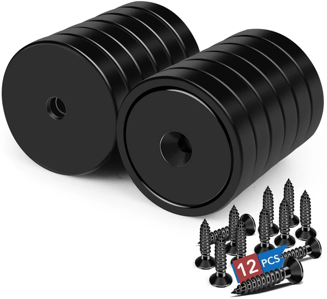 Main image of Strong Magnets Heavy Duty Screw On Neodymium 150LBS Magnet 12 Pack Rare Earth With Screw Hole Door Catch Adhesive Magnetic Locker Cabinet Round Wall Cruise Cabins Disc Mounting Fridge Black