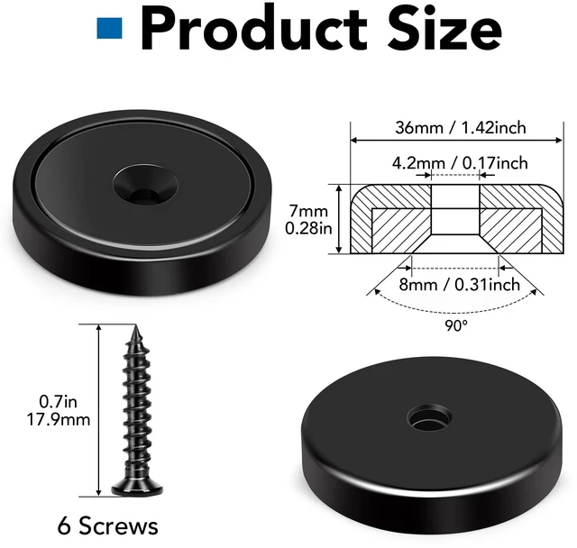 Alt view image 5 of 7 - Strong Magnets Heavy Duty Screw On Neodymium 150LBS Magnet 12 Pack Rare Earth With Screw Hole Door Catch Adhesive Magnetic Locker Cabinet Round Wall Cruise Cabins Disc Mounting Fridge Black