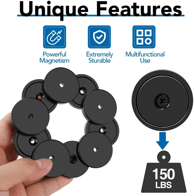 Alt view image 7 of 7 - Strong Magnets Heavy Duty Screw On Neodymium 150LBS Magnet 12 Pack Rare Earth With Screw Hole Door Catch Adhesive Magnetic Locker Cabinet Round Wall Cruise Cabins Disc Mounting Fridge Black