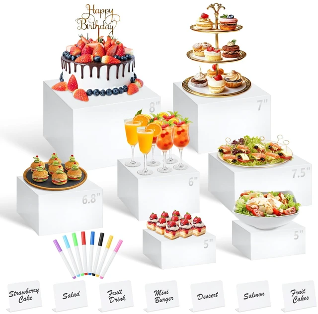 Main image of 7Pcs White Acrylic Buffet Risers with Mini Sign and Marker, Food Display Risers for Party Catering Dessert Jewelry Collectibles,Acrylic Cube Nesting Boxes with Hollow Bottoms(8" 7.5" 7" 6.8" 6" 5" 5")