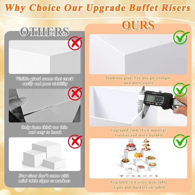 Alt view image 3 of 7 - 7Pcs White Acrylic Buffet Risers with Mini Sign and Marker, Food Display Risers for Party Catering Dessert Jewelry Collectibles,Acrylic Cube Nesting Boxes with Hollow Bottoms(8" 7.5" 7" 6.8" 6" 5" 5")