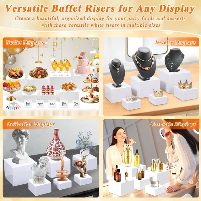 Alt view image 4 of 7 - 7Pcs White Acrylic Buffet Risers with Mini Sign and Marker, Food Display Risers for Party Catering Dessert Jewelry Collectibles,Acrylic Cube Nesting Boxes with Hollow Bottoms(8" 7.5" 7" 6.8" 6" 5" 5")