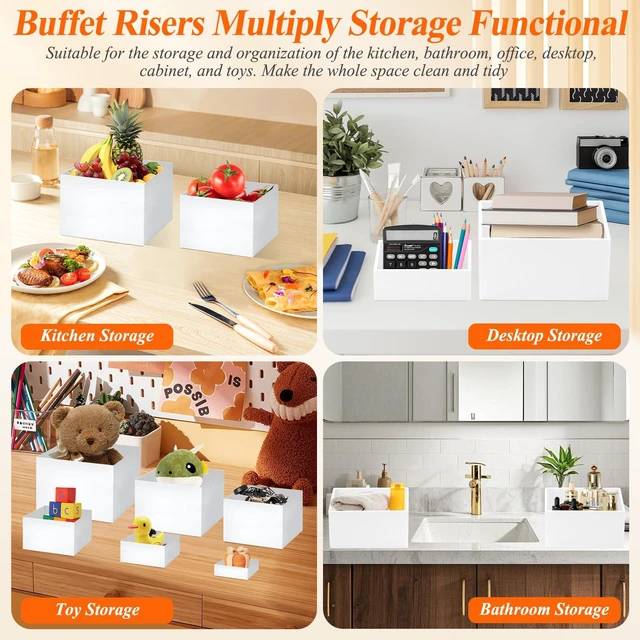 Alt view image 5 of 7 - 7Pcs White Acrylic Buffet Risers with Mini Sign and Marker, Food Display Risers for Party Catering Dessert Jewelry Collectibles,Acrylic Cube Nesting Boxes with Hollow Bottoms(8" 7.5" 7" 6.8" 6" 5" 5")
