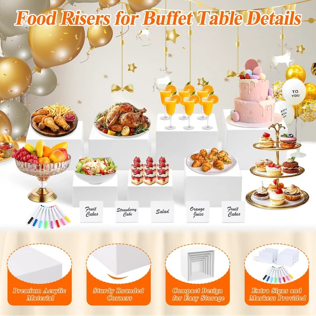Alt view image 6 of 7 - 7Pcs White Acrylic Buffet Risers with Mini Sign and Marker, Food Display Risers for Party Catering Dessert Jewelry Collectibles,Acrylic Cube Nesting Boxes with Hollow Bottoms(8" 7.5" 7" 6.8" 6" 5" 5")