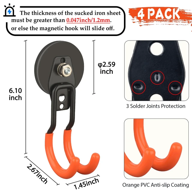 Alt view image 2 of 7 - New Upgraded Garage Strong Magnetic Hooks, 4 Pack Heavy Duty Large J Hooks with Magnet, Anti-Slip Coating Magnet Hooks for Garden Tools, Ropes,Drill