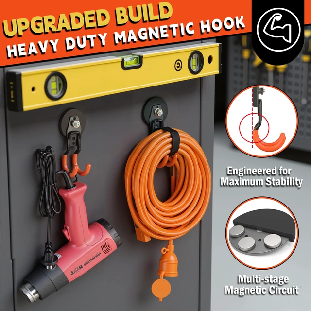 Alt view image 5 of 7 - New Upgraded Garage Strong Magnetic Hooks, 4 Pack Heavy Duty Large J Hooks with Magnet, Anti-Slip Coating Magnet Hooks for Garden Tools, Ropes,Drill