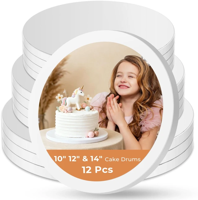 Main image of 12 Pack Cake Boards 10&12&14 Inch Round Cake Drums Base para Pastel Disposable, 1/2 Inch Thick, Sturdy Corrugated Cardboard Base, Smooth & Grease-resistant Surface, White, for Multi-tiered Cake