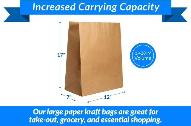 Alt view image 2 of 7 - Paper Grocery Bags (125 Pcs Bulk) (12x7x17) 70 Lbs Basis, Extra Heavy Duty | Brown Paper Bag, Large Grocery Kraft Sacks | Takeout, Restaurant, Retail, Shopping