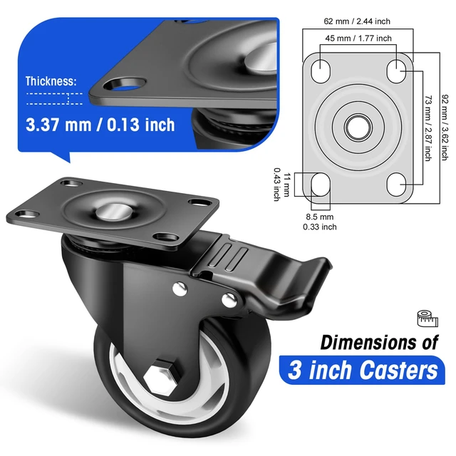 Alt view image 3 of 7 - Caster Wheels-3 Inch Swivel Casters Set of 4 Heavy Duty with Brake Locking Industrial Caster with 360 Degree No Noise Polyurethane Wheels, Locking Plate Casters for Furniture,Workbench
